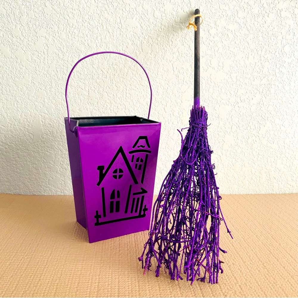 Purple Halloween bundle, glittery mini broom decor / metal basket